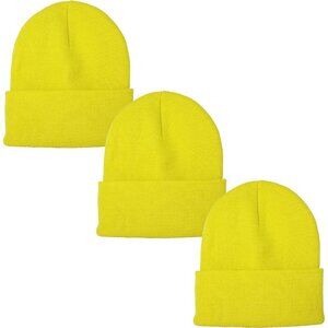 Yellow Beanie Cap Knitted Warm Solid Color Wool Cuff